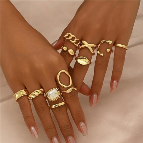 Chunky 18K Gold Rings set 6 pcs for Women Non-Tarnish Stackable Statement Set - Picture 2 of 6